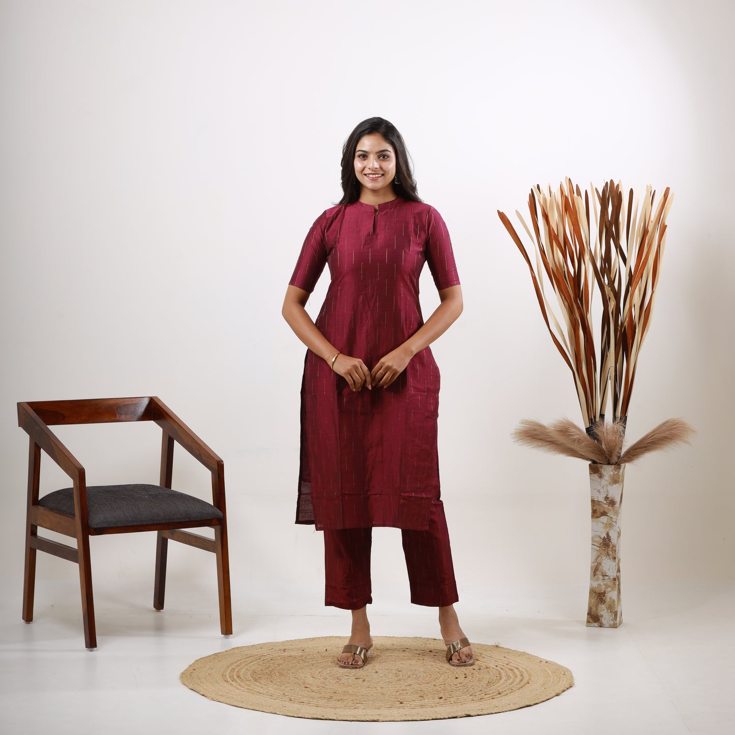 Raw Silk Wine color Zari Top and Bottom