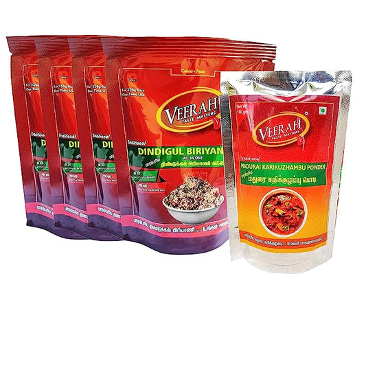 Veerah Foods Dindigul Biriyani Mix 200g (Pack of 4) with Madurai kari Kuzhambu Masala 200g